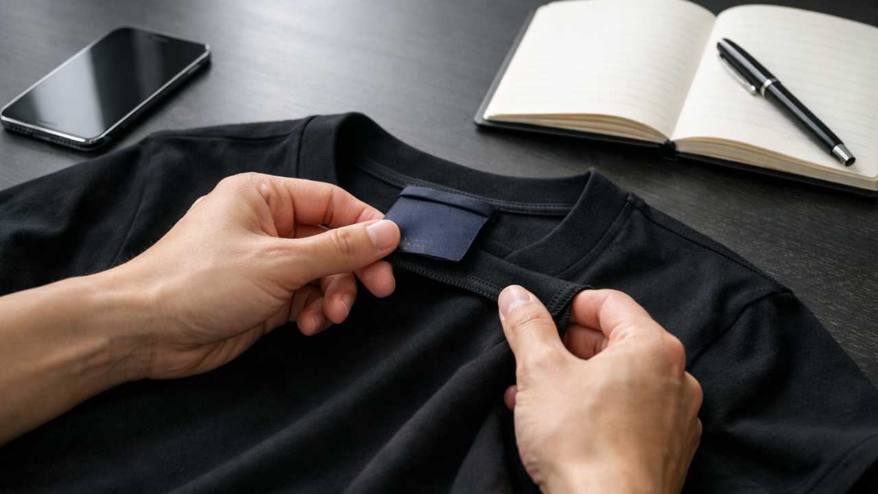 高級感のある無地ベースのラグジュアリーTシャツを机の上で丁寧にチェックしているシーン