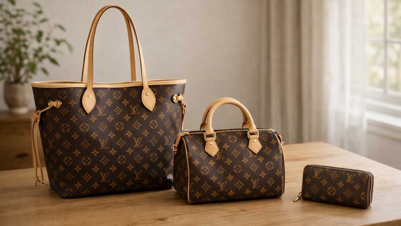 ルイ・ヴィトン、トートバッグ、ボストンバッグ、長財布を並べてサイズ感を比較している構図