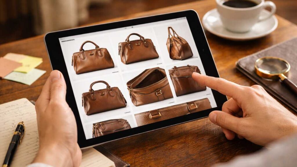 複数角度の商品写真をタブレット上で見比べている様子