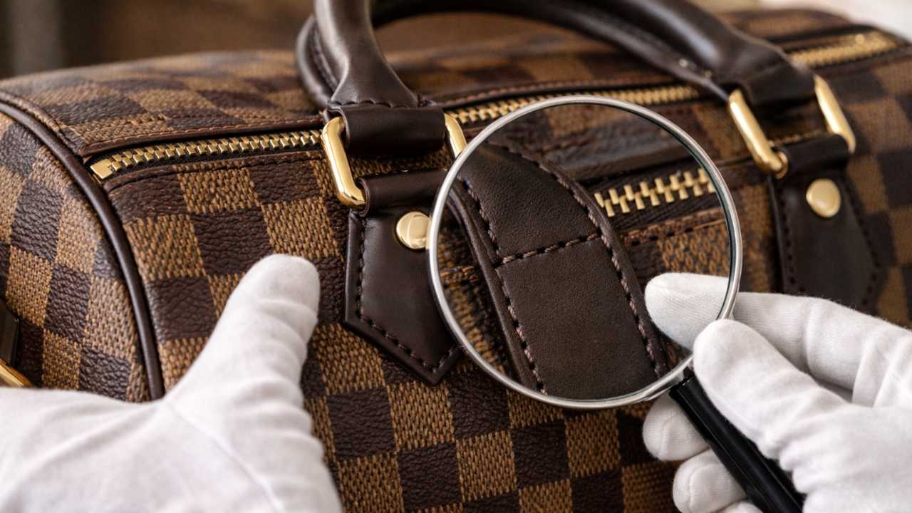 バッグのハンドル根元、縫製、コバを拡大して確認している実写風イメージ