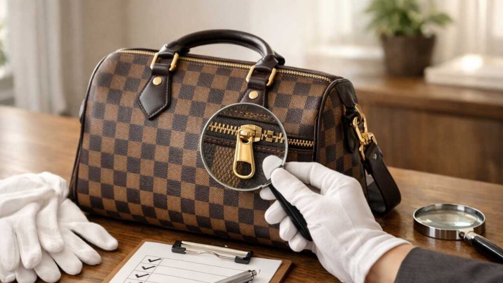 高級感のある市松模様のキャンバスバッグを、自然光の入る落ち着いた室内で丁寧にチェックしている実写風シーン