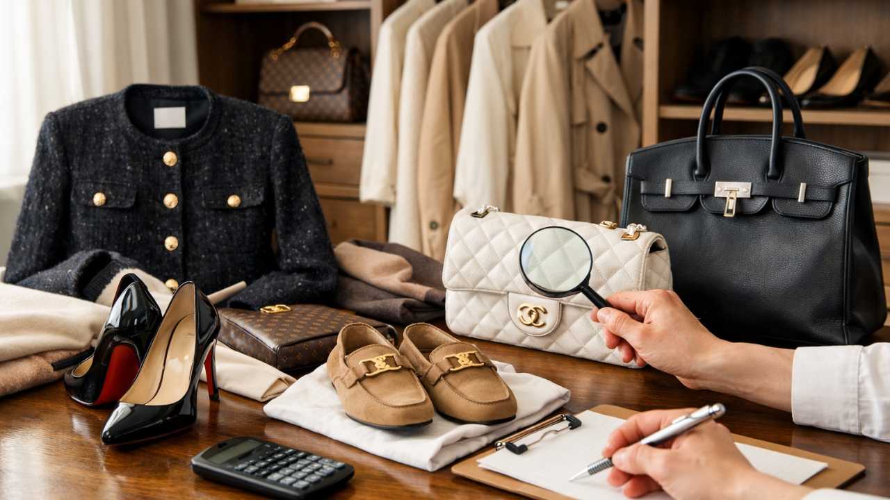 高級感のあるクローゼット前で、ハイブランドのジャケット、コート、バッグ、靴を丁寧に並べ、査定前の準備をしている日本人の手元が見える実写風シーン