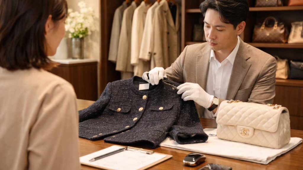ブランド古着店の査定カウンターを連想させる上品な店内で、ジャケットとバッグを査定している実写風シーン