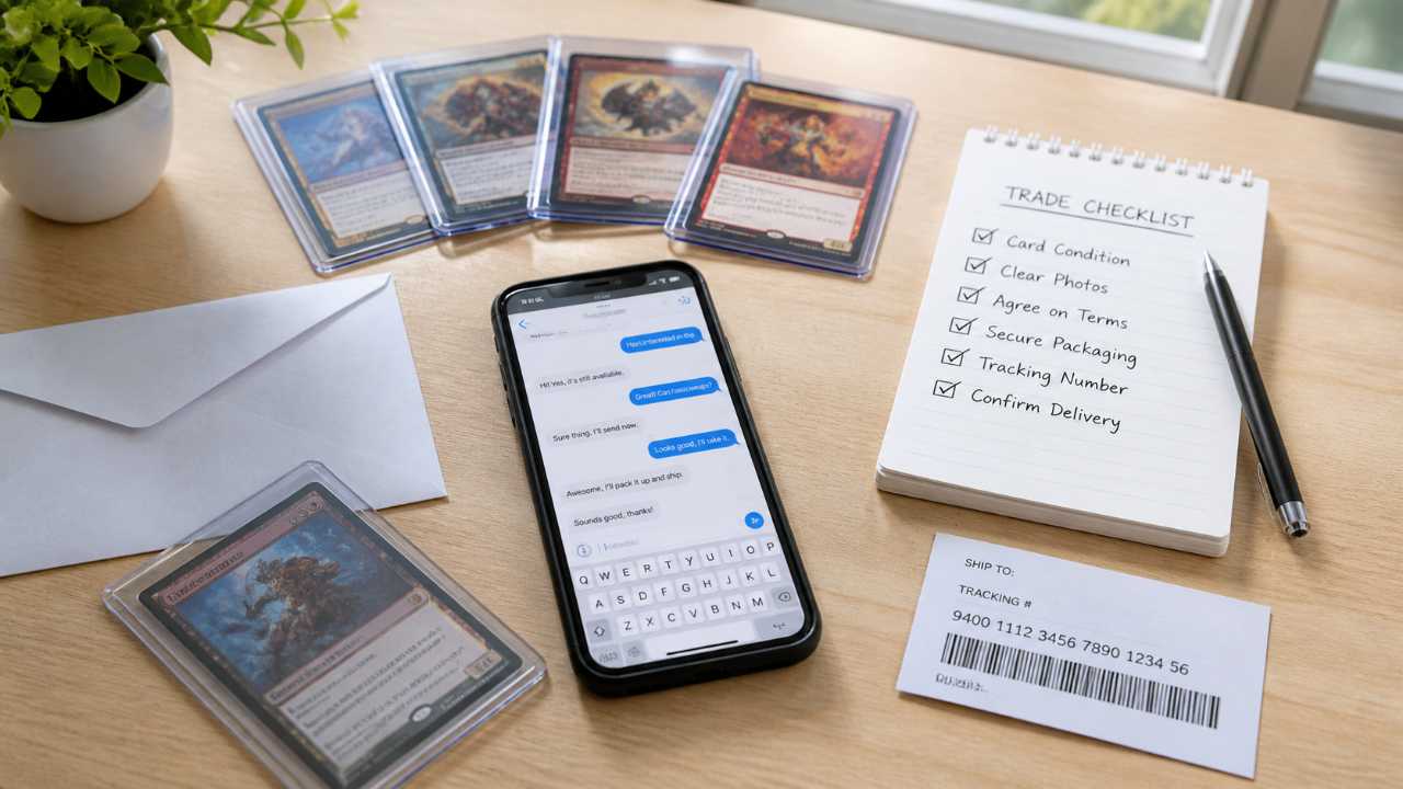 トレーディングカード交換の詐欺対策をテーマにしたブログ用アイキャッチ。机の上にスリーブ入りのトレカ、スマートフォンのDM画面、チェックリスト、封筒、追跡番号の控えが並んでいる