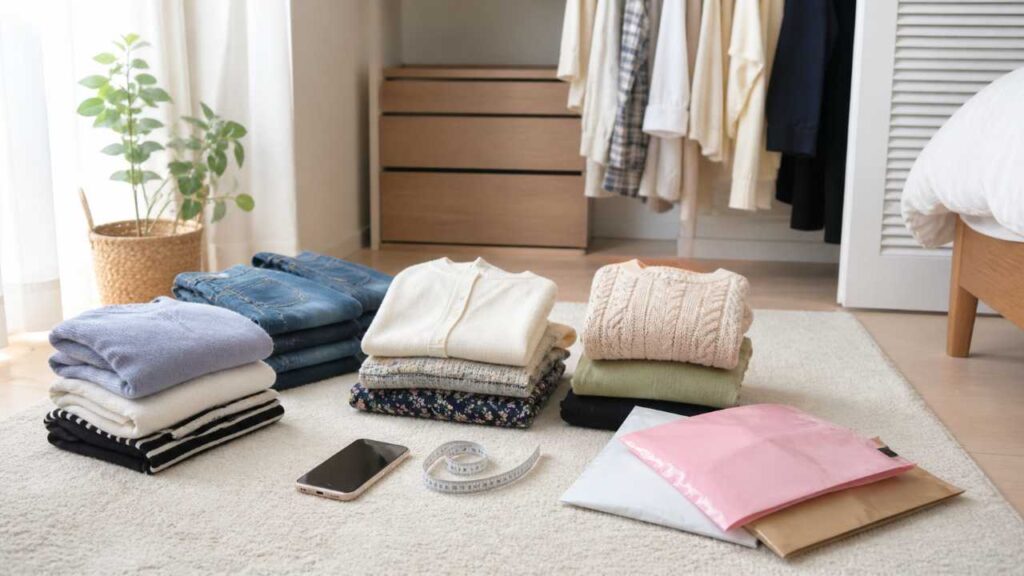 明るい自然光の部屋で、クローゼットから出した不要な服をきれいに仕分けしている場面