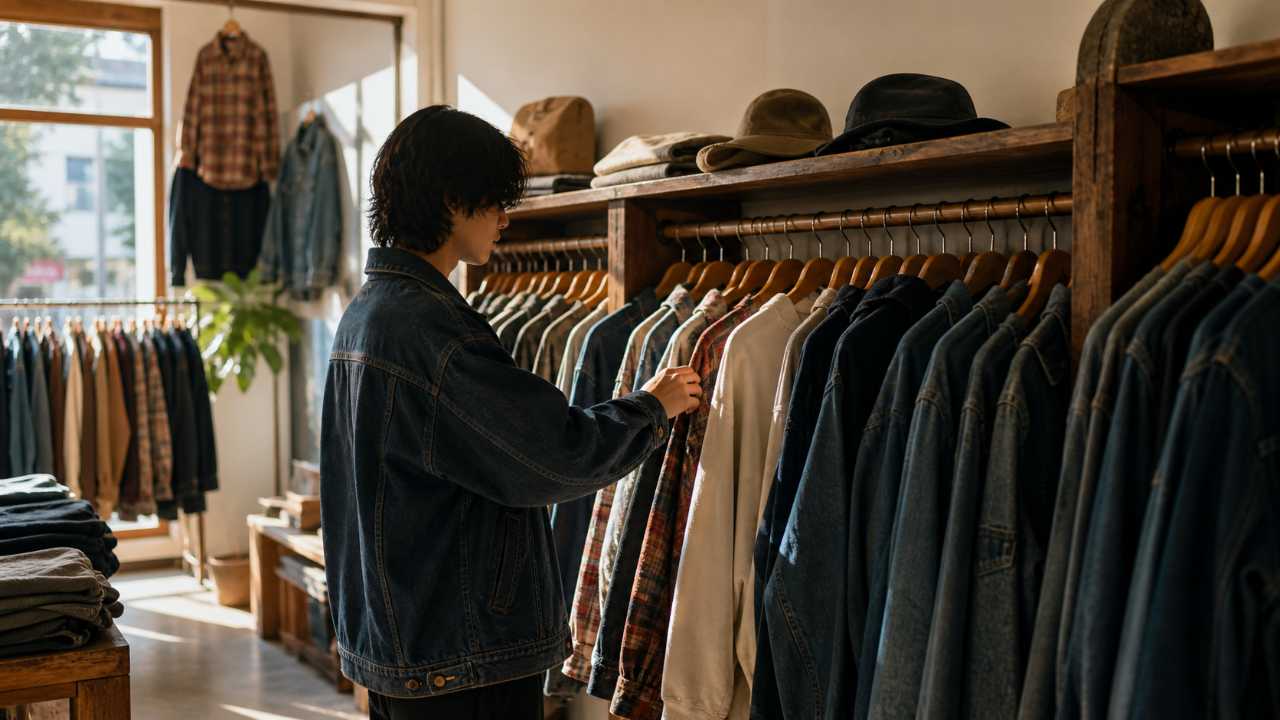 静岡市の街中にあるおしゃれな古着屋の店内、木製ラックにデニムジャケット、スウェット、シャツ、ヴィンテージ風の服が自然に並んでいる