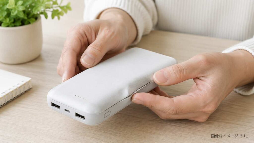 膨張や破損がないかモバイルバッテリーの外観を確認する手元の写真風イメージ