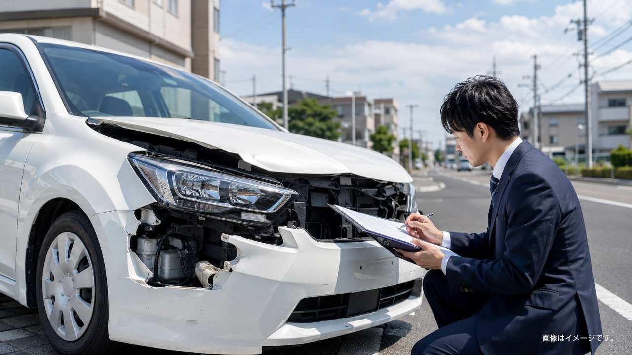事故でフロント部分が損傷した乗用車と査定書類を持つ担当者が落ち着いて確認している写真風のブログ用アイキャッチ