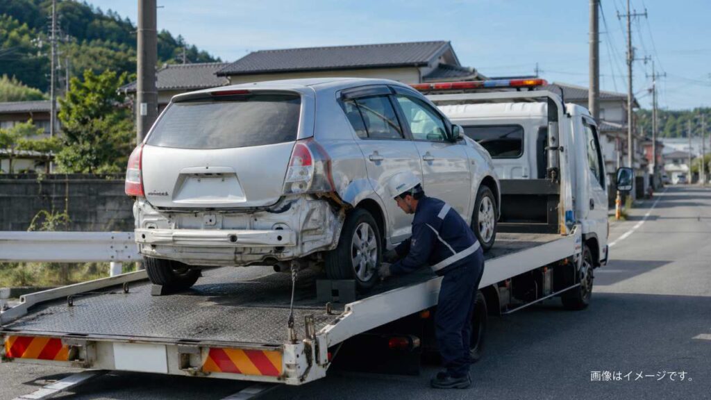 レッカー車が動かない事故車を安全に積載している写真風イメージ