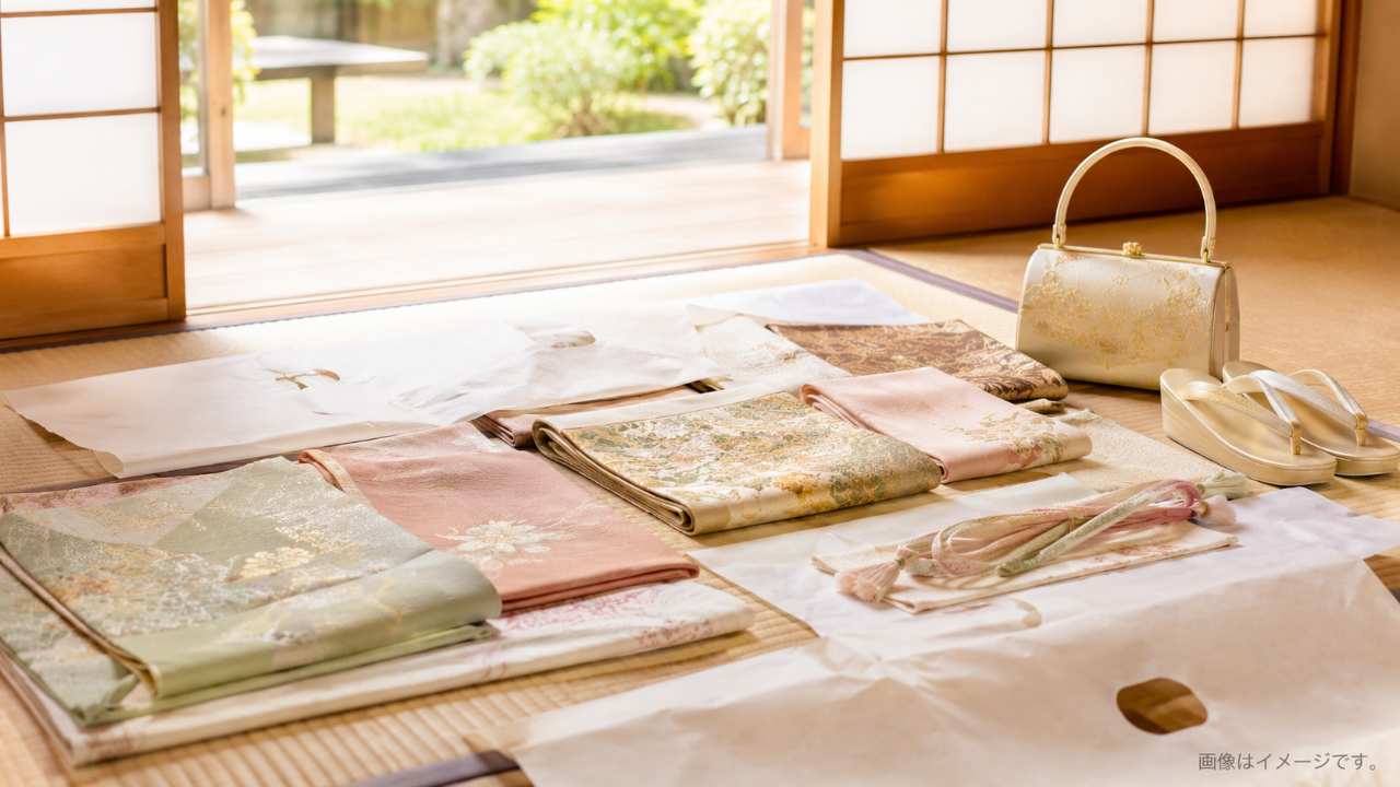 たとう紙に包まれた着物、帯、和装小物