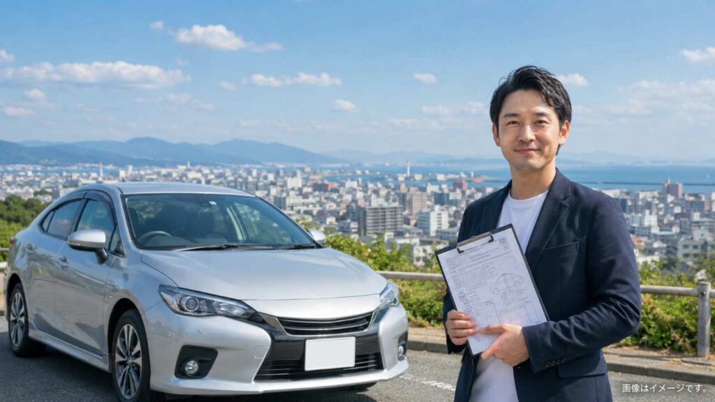 山口市の街並みを背景に、清潔な中古車と査定書類を持つ人物が写る写真